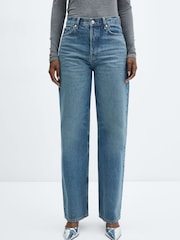 Mango Blue High Waisted Straight Leg 100% Cotton Denim Jeans - Image 1 of 6