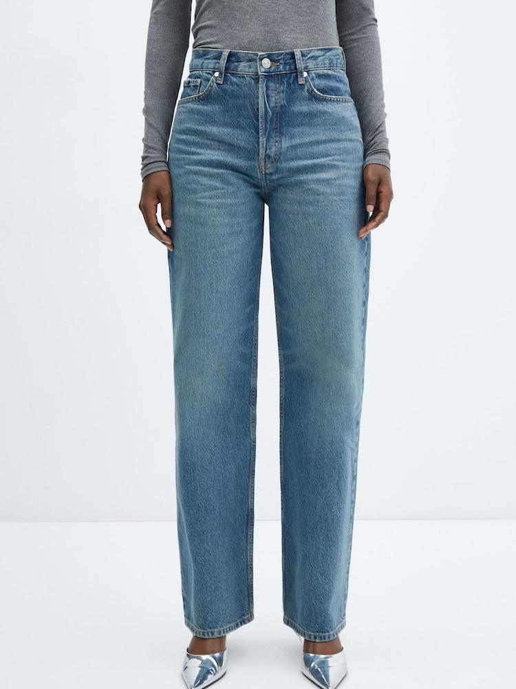 Mango Blue High Waisted Straight Leg 100% Cotton Denim Jeans - Image 1 of 6 Mango Blue High Waisted Straight Leg 100% Cotton Denim Jeans - Image 1 of 6
