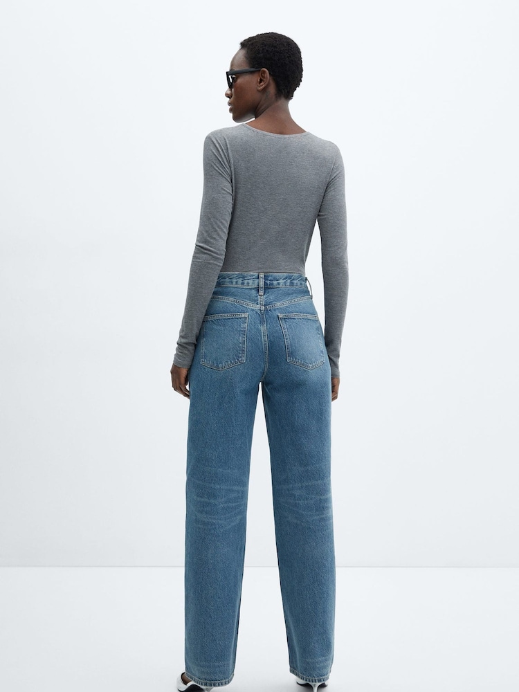 Mango Blue High Waisted Straight Leg 100% Cotton Denim Jeans - Image 2 of 6 Mango Blue High Waisted Straight Leg 100% Cotton Denim Jeans - Image 2 of 6