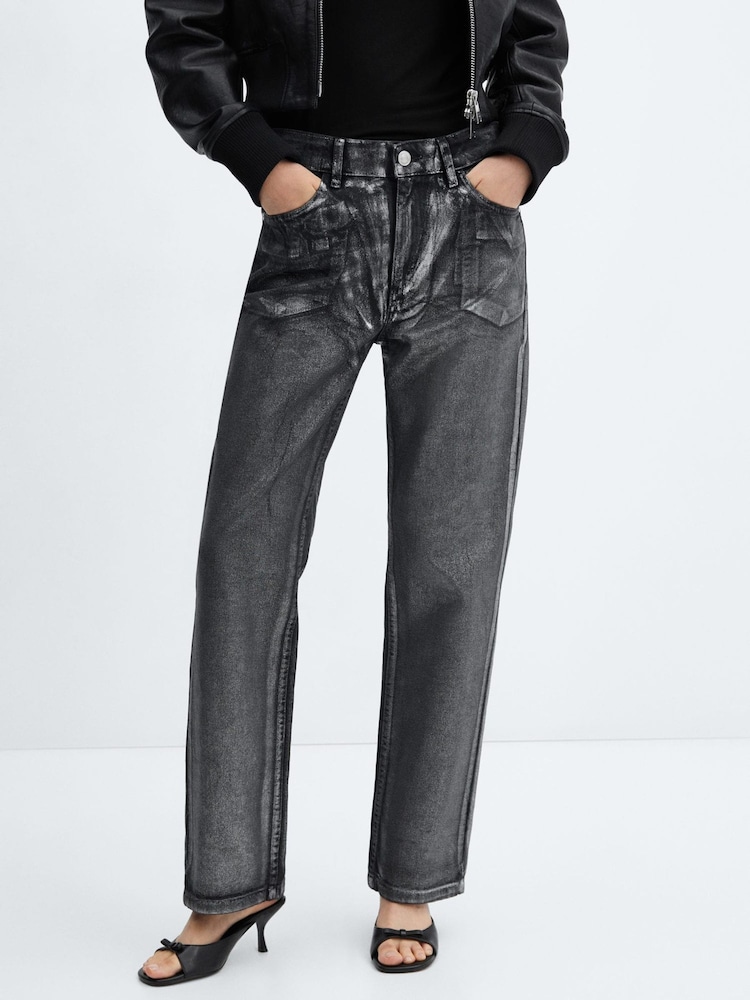 Mango Black Straight-Leg Foil Jeans - Image 1 of 6 Mango Black Straight-Leg Foil Jeans - Image 1 of 6