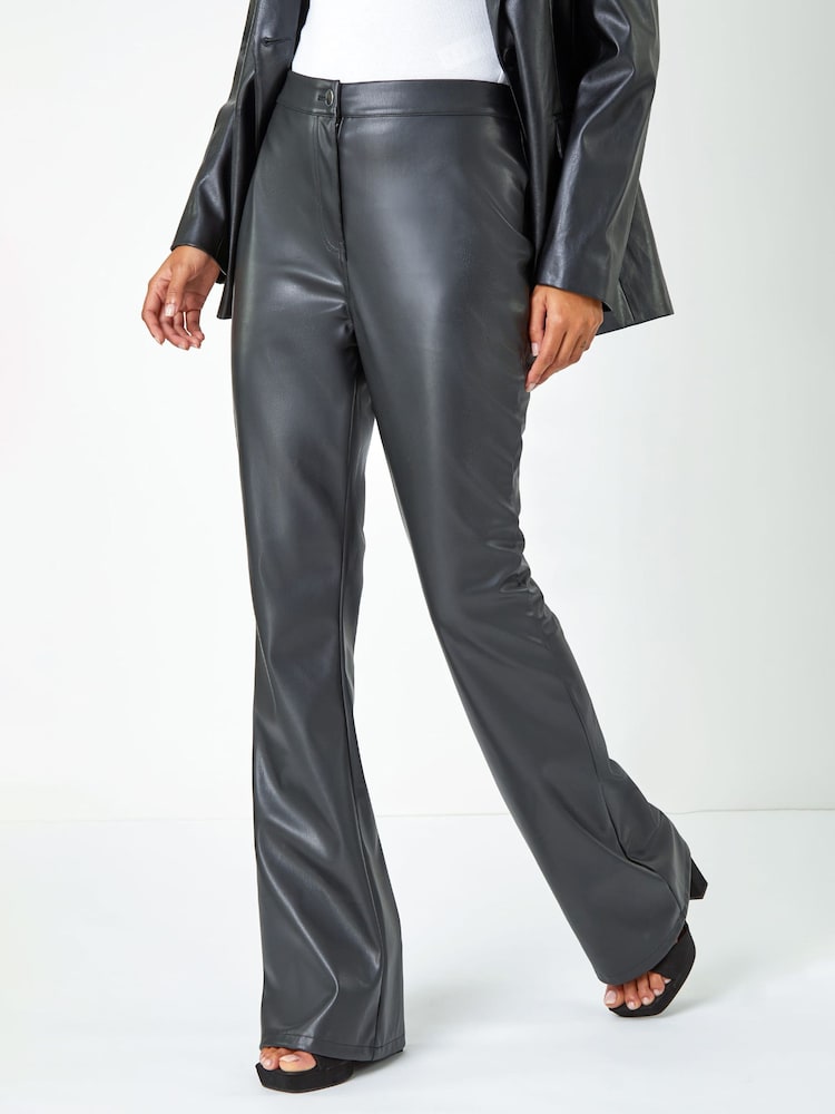 Roman Black Faux Leather Bootcut Stretch Trousers - Image 1 of 5