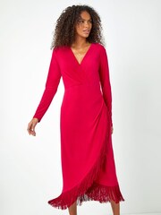 Dusk Red Tassel Trim Stretch Wrap Dress - Image 1 of 5