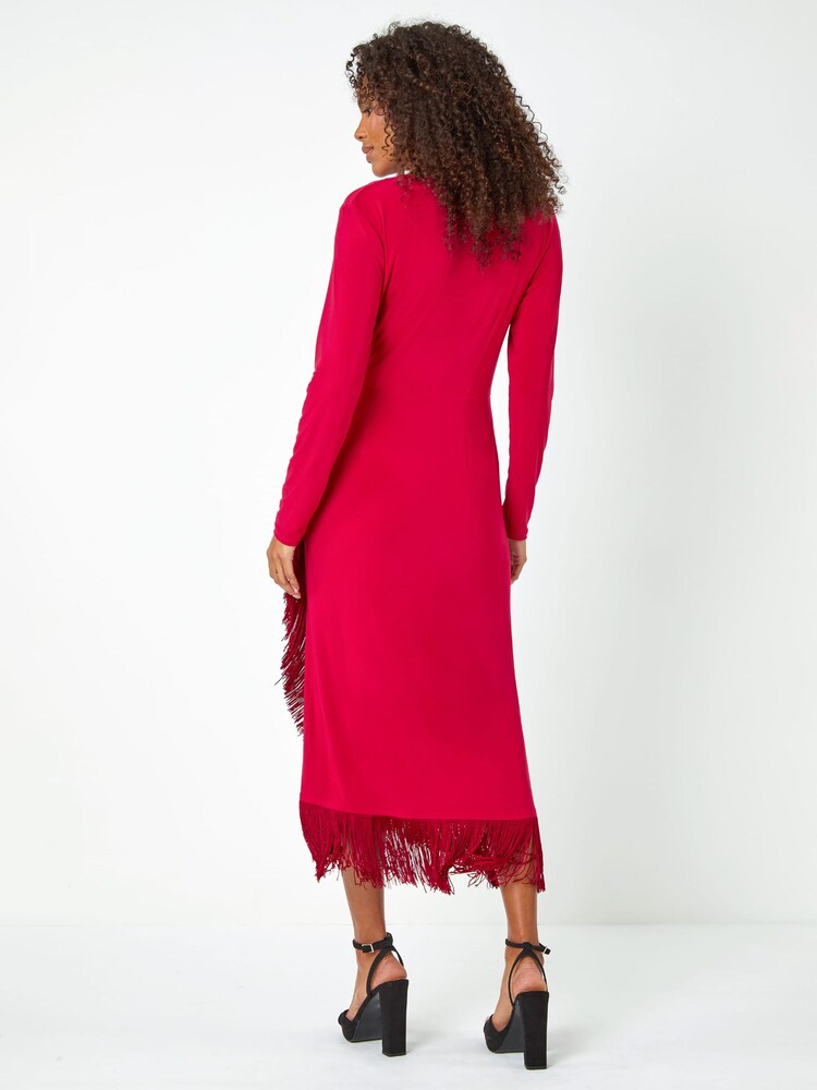 Dusk Red Tassel Trim Stretch Wrap Dress - Image 2 of 5