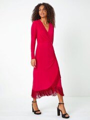 Dusk Red Tassel Trim Stretch Wrap Dress - Image 3 of 5