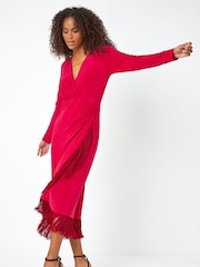Dusk Red Tassel Trim Stretch Wrap Dress - Image 4 of 5