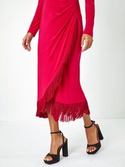 Dusk Red Tassel Trim Stretch Wrap Dress - Image 5 of 5