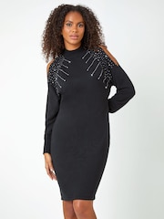 Roman Black Embellished Cold Shoulder Jumper Dress - Image 1 of 5