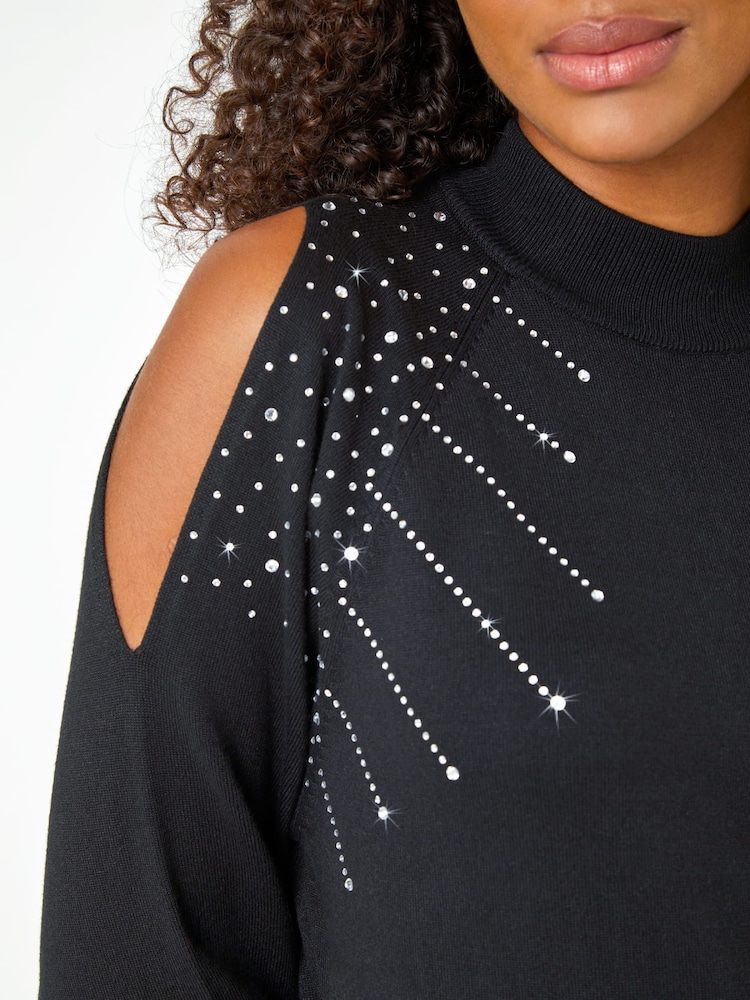 Roman Black Embellished Cold Shoulder Jumper Dress - Image 5 of 5