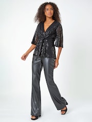 Roman Black Sequin Tie Front Stretch Top - Image 2 of 5