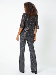 Roman Black Sequin Tie Front Stretch Top - Image 3 of 5
