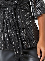 Roman Black Sequin Tie Front Stretch Top - Image 5 of 5