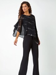Roman Black Sequin Chiffon Overlay Stretch Jumpsuit - Image 1 of 5
