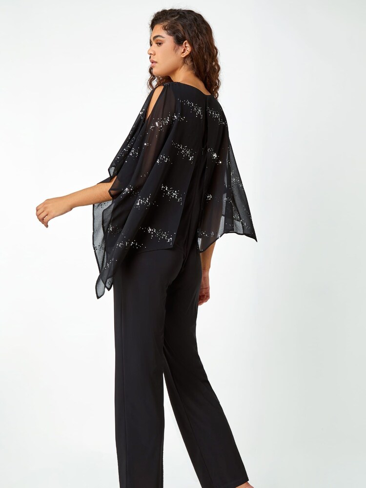 Roman Black Sequin Chiffon Overlay Stretch Jumpsuit - Image 2 of 5