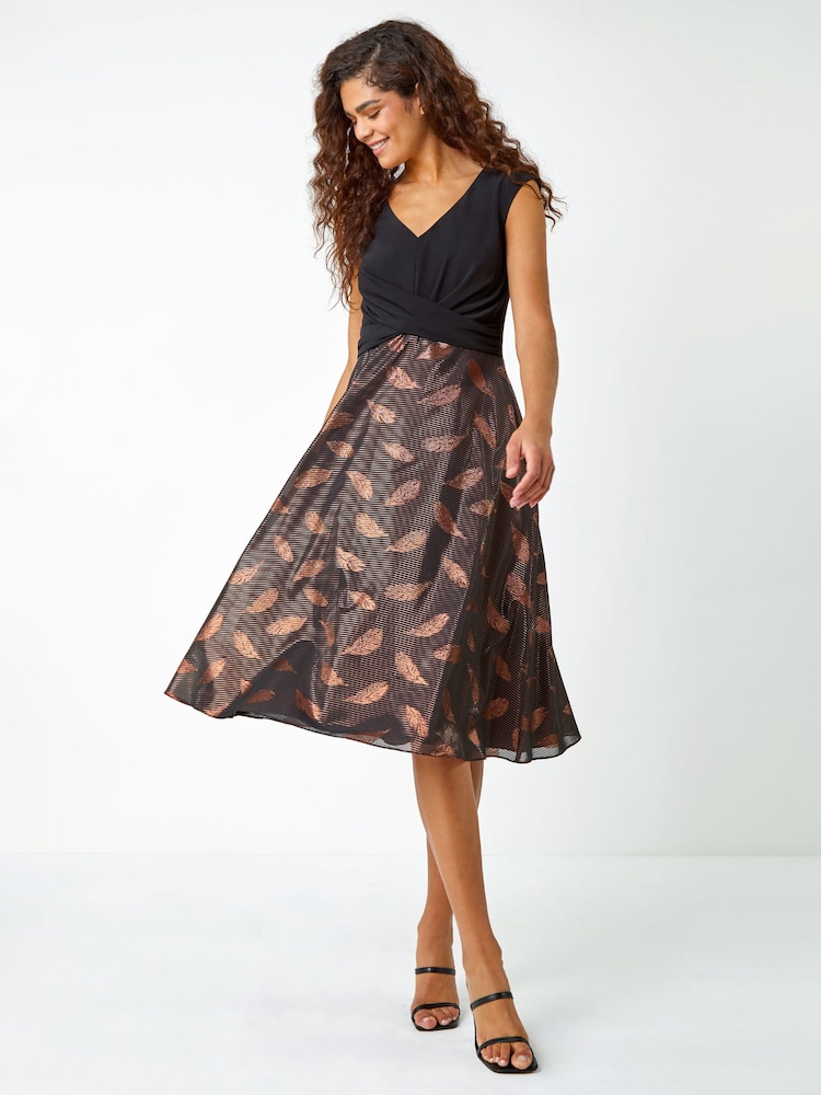 Roman Metallic Feather Print Skater Dress - Image 1 of 5