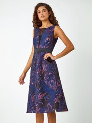 Roman Blue Metallic Floral Print Jacquard Dress - Image 1 of 5