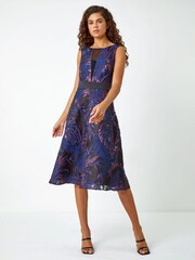 Roman Blue Metallic Floral Print Jacquard Dress - Image 2 of 5