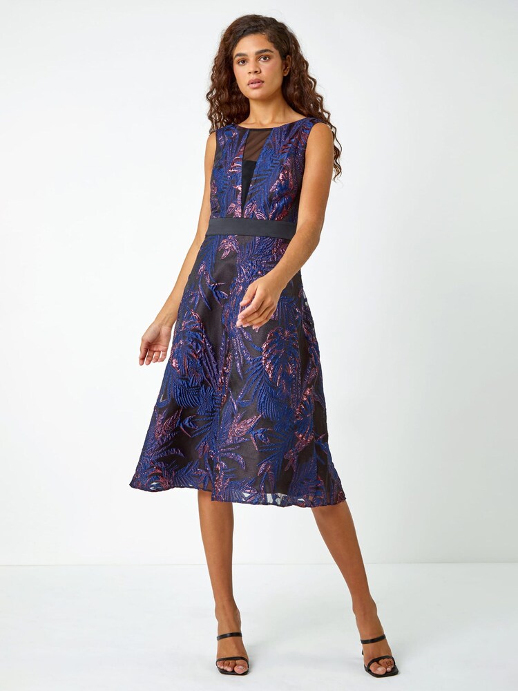 Roman Blue Metallic Floral Print Jacquard Dress - Image 2 of 5