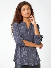Grey Roman Grey Metallic Linear Floral Stretch Blouses - Image 1 of 5