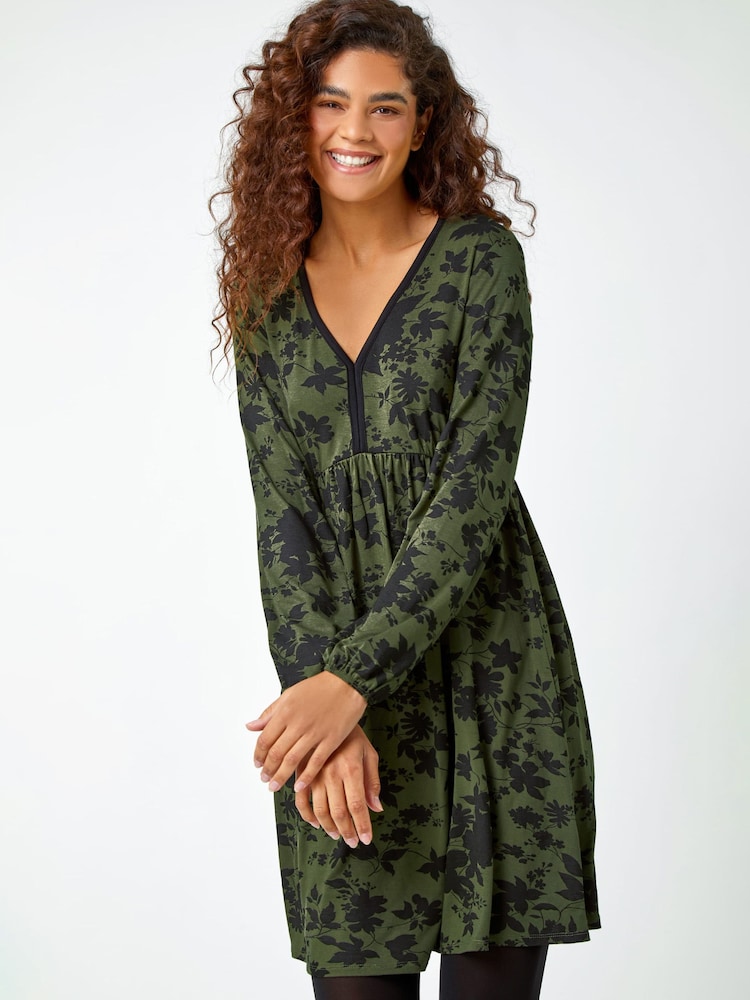 Roman Green Floral Contrast Trim Stretch Dress - Image 1 of 1 Roman Green Floral Contrast Trim Stretch Dress - Image 1 of 1