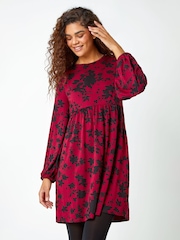 Roman Red Floral Print Smock Stretch Dress - Image 1 of 5