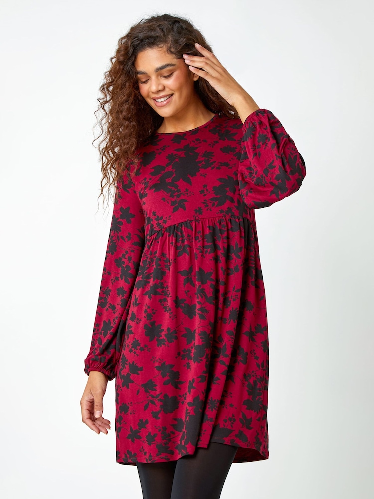 Roman Red Floral Print Smock Stretch Dress - Image 1 of 5