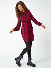 Roman Red Floral Print Smock Stretch Dress - Image 2 of 5