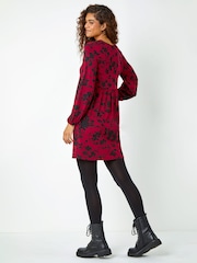 Roman Red Floral Print Smock Stretch Dress - Image 3 of 5