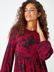 Roman Red Floral Print Smock Stretch Dress - Image 4 of 5