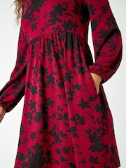 Roman Red Floral Print Smock Stretch Dress - Image 5 of 5