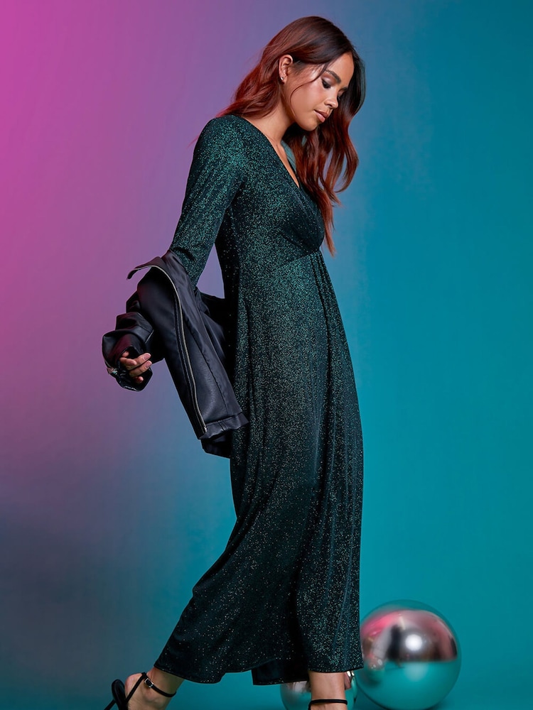 Roman Green Petite Gathered Glitter Maxi Stretch Dress - Image 1 of 2
