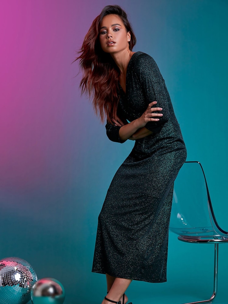 Roman Green Petite Gathered Glitter Maxi Stretch Dress - Image 2 of 2