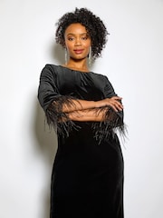 Roman Black Petite Velvet Feather Trim Stretch Dress - Image 3 of 4