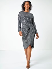 Roman Metallic Petite Sequin Drape Detail Stretch Dress - Image 2 of 5