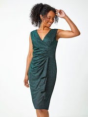 Roman Green Petite Ruched Waterfall Stretch Dress - Image 1 of 5