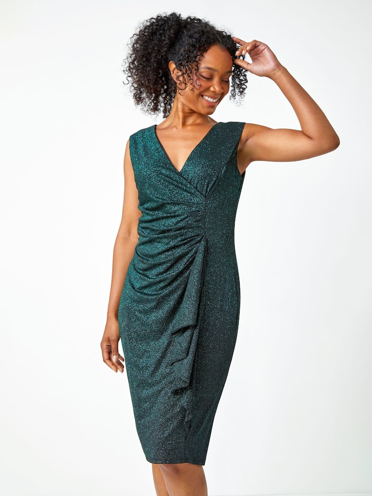 Roman Green Petite Ruched Waterfall Stretch Dress - Image 1 of 5