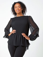 Roman Black Petite Pleated Frill Detail Top - Image 1 of 5