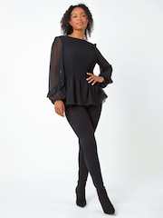 Roman Black Petite Pleated Frill Detail Top - Image 2 of 5