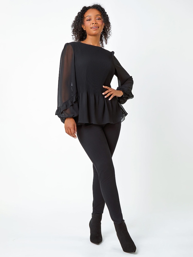 Roman Black Petite Pleated Frill Detail Top - Image 2 of 5