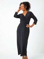 Roman Black Petite Gathered Maxi Stretch Dress - Image 1 of 5