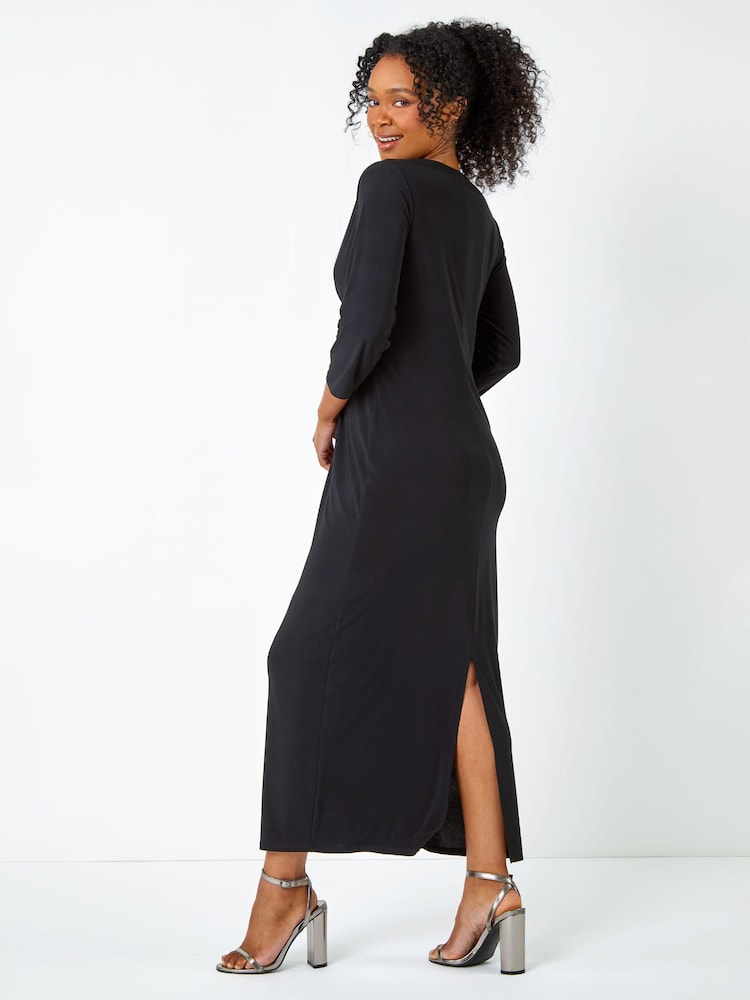 Roman Black Petite Gathered Maxi Stretch Dress - Image 2 of 5