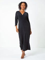 Roman Black Petite Gathered Maxi Stretch Dress - Image 3 of 5