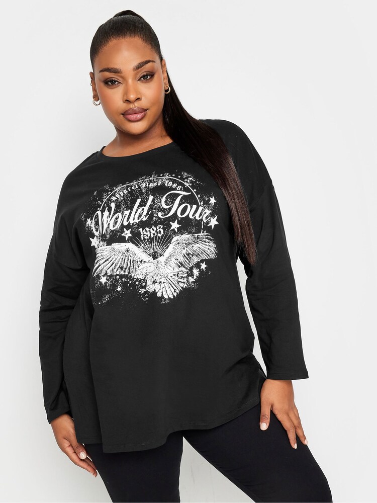 Yours Curve Black Long Sleeve Drop Shoulder T-Shirt - Image 1 of 4