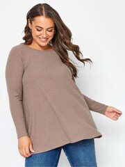 Yours Curve Brown Long Sleeve Ribbed Swing Top - Image 1 of 4