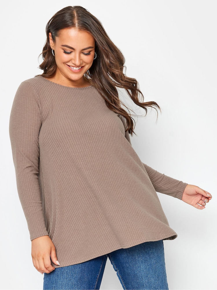 Yours Curve Brown Long Sleeve Ribbed Swing Top - Image 1 of 4