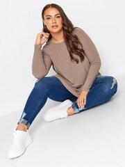 Yours Curve Brown Long Sleeve Ribbed Swing Top - Image 2 of 4