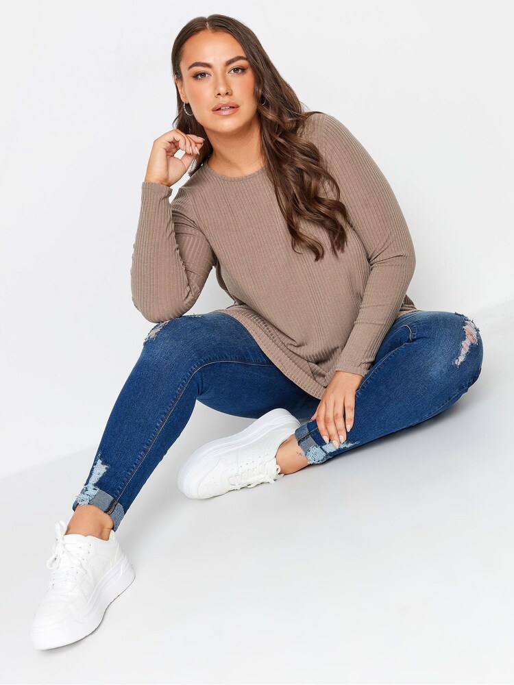 Yours Curve Brown Long Sleeve Ribbed Swing Top - Image 2 of 4