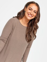 Yours Curve Brown Long Sleeve Ribbed Swing Top - Image 4 of 4