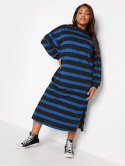 Yours Curve Blue Oversized Long Sleeve T-Shirt Jumbo Stripe Cuffed Dress - Image 1 of 4