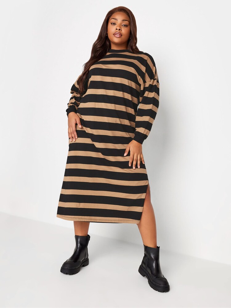 Yours Curve Natural Oversized Long Sleeve T-Shirt Jumbo Stripe Cuffed Dress - Image 1 of 4