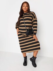 Yours Curve Natural Oversized Long Sleeve T-Shirt Jumbo Stripe Cuffed Dress - Image 3 of 4